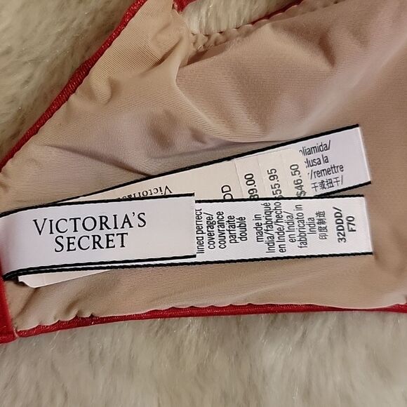 VICTORIA'S SECRET LINED PERFECT COVERAGE RED SPARKLY UNDERWIRE BRA, SIZE 32DDD - Picture 4 of 7